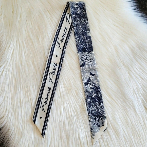 Blue France Paris Floral Silk Twilly Scarf - Picture 6 of 8